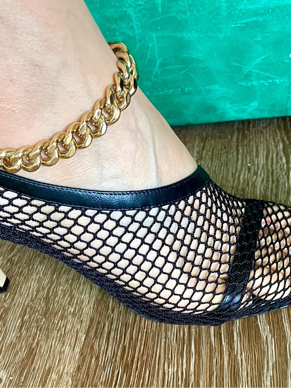 Bottega Veneta Black Fishnet Peep-Toe Heel with Gold Accent
